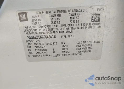 2015 Chevrolet Equinox 1Lt из США, поврежденный, VIN 2GNALBEK6F6404042